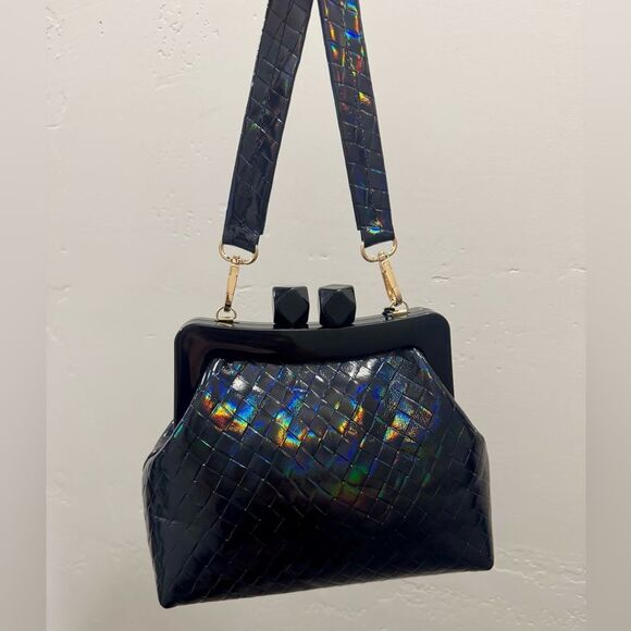 Iridescent Embossed Leather Handmade “Candy” Kisslock Acrylic Frame Clutch Bag - Picture 6 of 16